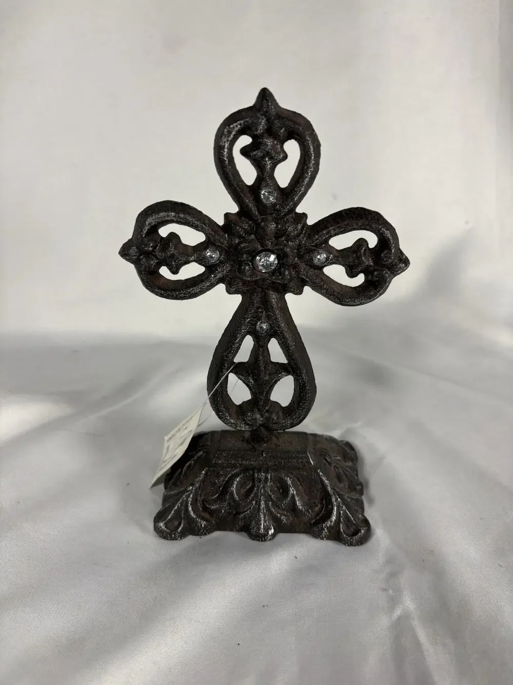 Rustic Cast Iron Fleur De Lis Cross w/ Rhinestones Table Decor 7”